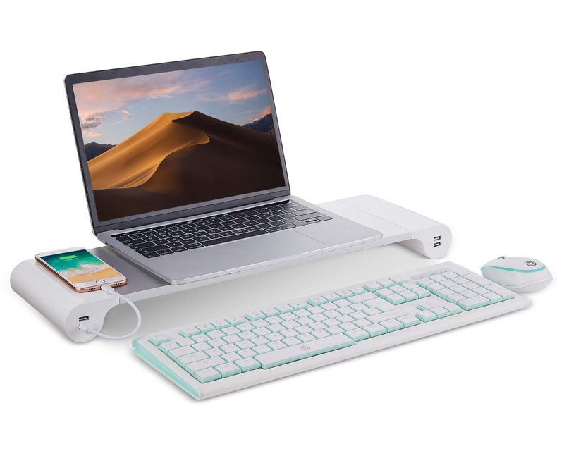 Suewow حامل شاشة فضي PG مع 4 منافذ شحن USB، منظم لوحة مفاتيح مريح، منظم مكتب للكمبيوتر، اللابتوب، التلفاز، الطابعة - صينية لوحة مفاتيح مريحة ورف تخزين. - Image 5